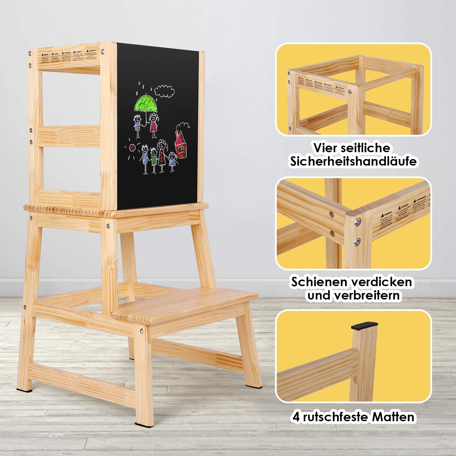 Kids Kitchen Step Stool with Chalkboard and Safety Rail for Toddlers 18 Months and Older, Wooden Tower for Toddlers with Safety Anti-Slip Protection, Removable Step Stool for Adult Use, Natural