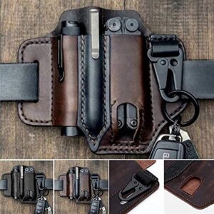 Leather Multi Tool Sheath Pocket Organizer,Multi-Function Tool Sheath for Belt, with Pen Holder, Key Chain, Flashlight Sheath.Everyday Carry (Brown)