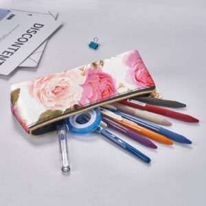 OUZPGAQ Beautiful Pink Roses Pencil Case, White Triangle Portable Pen Bag Pouch with Zipper for Teens Stationary Supplies, Small Cosmetic Bag for Girls, Slim Cash Coin Bag