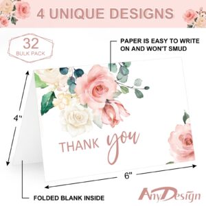 AnyDesign 32 Pack Thank You Cards with Envelopes Stickers Blush Floral Blank Note Cards Bulk 4 Design Flower Thank You Greeting Cards for Wedding Baby Shower Bridal Shower and All Occasions, 4 x 6