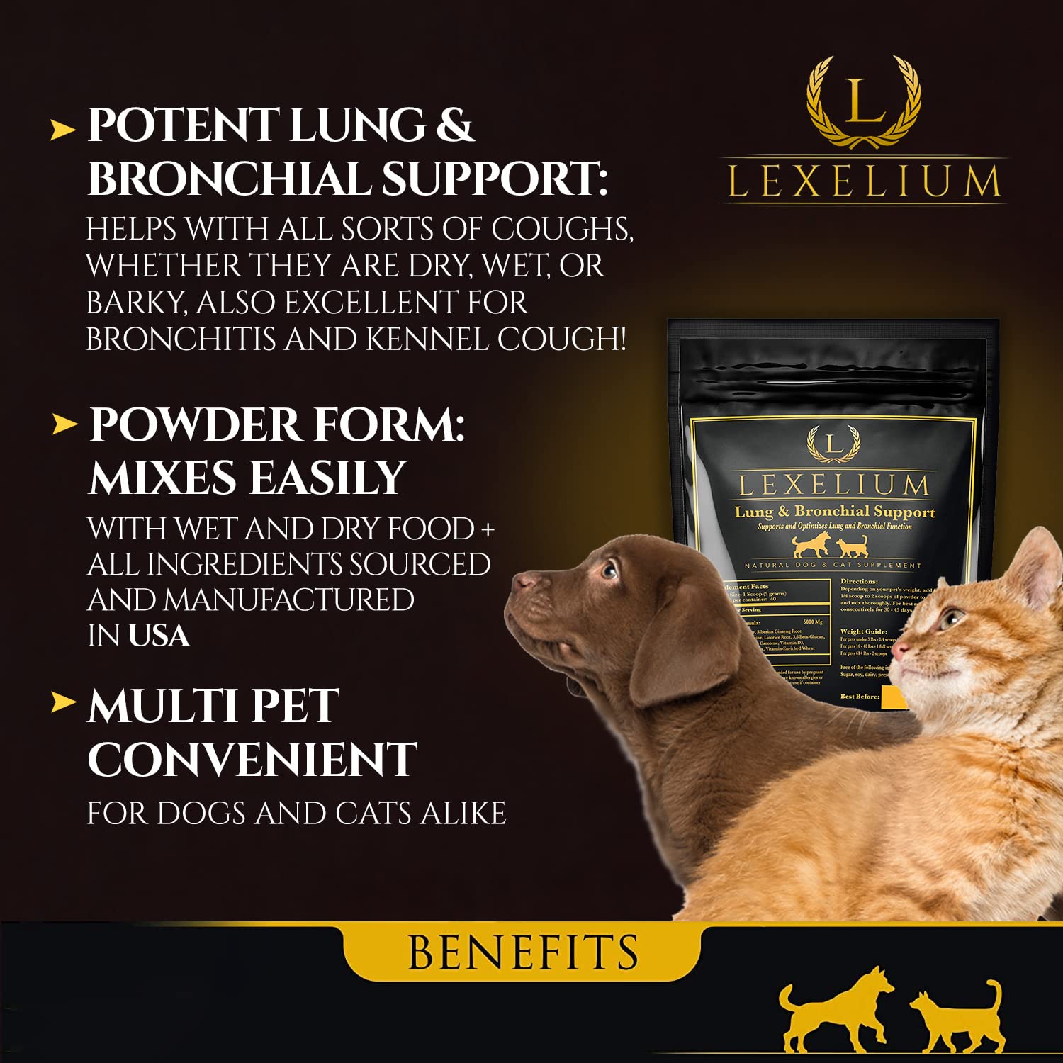 Lexelium Lung & Bronchial Supplement for Dogs and Cats - Provides Breathing Support & Keeps Lung Healthy – Optimizes Lung Function & Breathing - Easy to Mix Powder - 200G