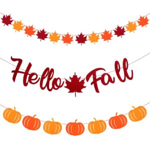 3 pcs hello fall banners thanksgiving fall decoration autumn pumpkins maple leaves garlands mantel bunting harvest banners for fireplace outdoors indoors party hanging celebrations decorations (fall)