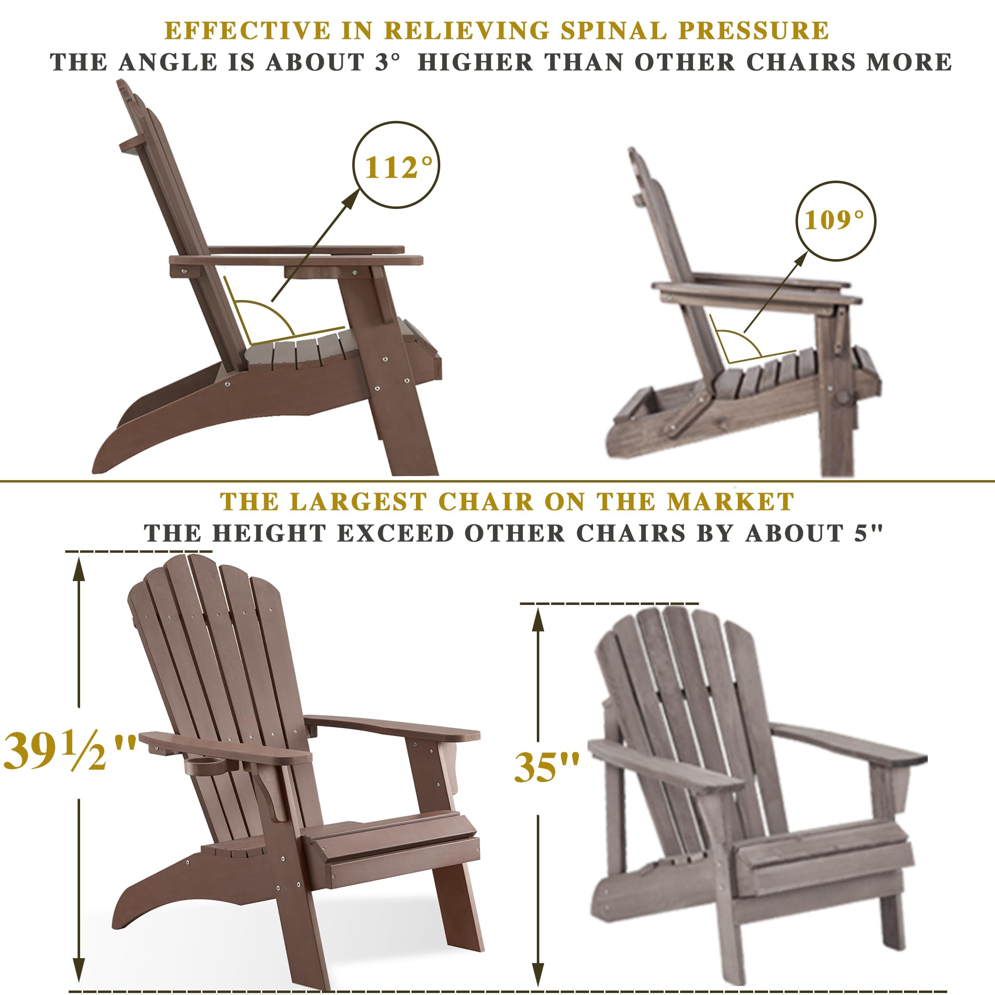 Psilvam Adirondack Chair, Oversized Poly Lumber Fire Pit Chair with Cup Holder, 350Lbs Support Patio Chairs for Garden, Weather Resistant Adirondack Chair Looks Like Real Wood (2, Brown)