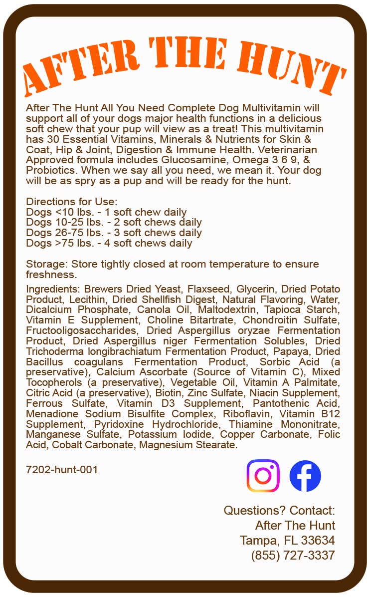 After The Hunt All You Need Complete Dog Multivitamin - Daily Vitamins for Skin & Coat Hip & Joint Digestion & Immune System - Glucosamine Omega 3 6 9 & Probiotics - 120 ct