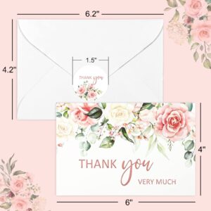 AnyDesign 32 Pack Thank You Cards with Envelopes Stickers Blush Floral Blank Note Cards Bulk 4 Design Flower Thank You Greeting Cards for Wedding Baby Shower Bridal Shower and All Occasions, 4 x 6