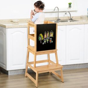 kids kitchen step stool with chalkboard and safety rail for toddlers 18 months and older, wooden tower for toddlers with safety anti-slip protection, removable step stool for adult use, natural