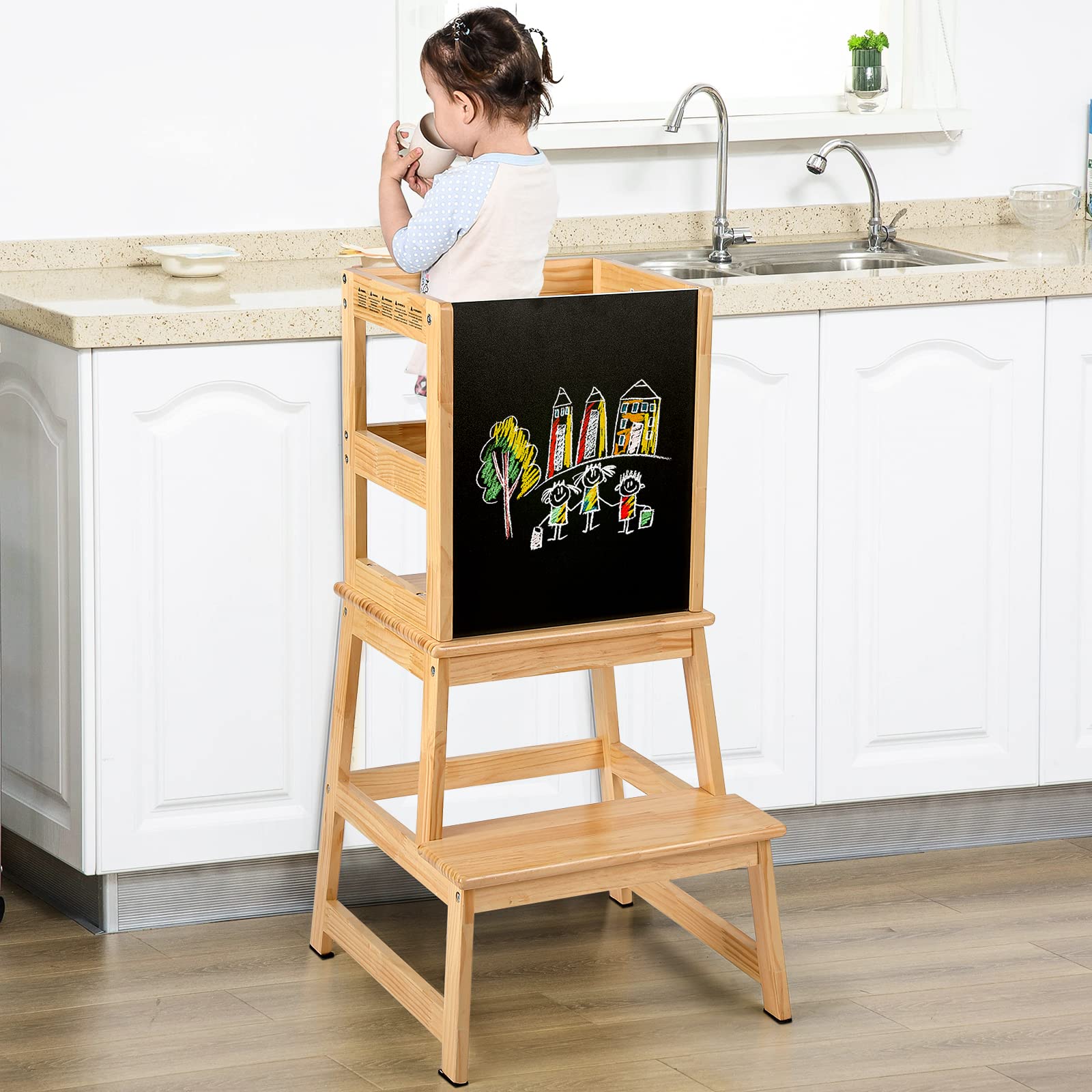 Kids Kitchen Step Stool with Chalkboard and Safety Rail for Toddlers 18 Months and Older, Wooden Tower for Toddlers with Safety Anti-Slip Protection, Removable Step Stool for Adult Use, Natural