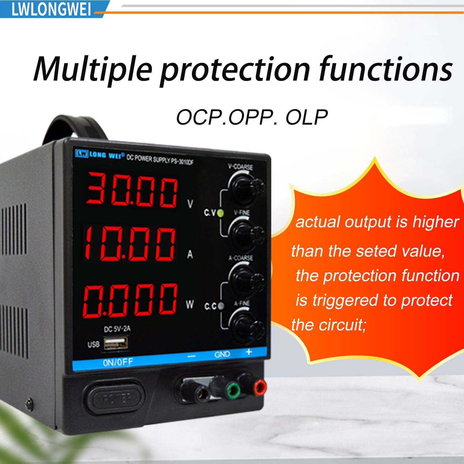 LWLONGWEI DC Power Supply Variable,30V 10A Adjustable Switching Regulated DC Bench Power Supply with 4-Digits LED Power Display, Coarse and Fine Adjustments with Alligator Leads Black