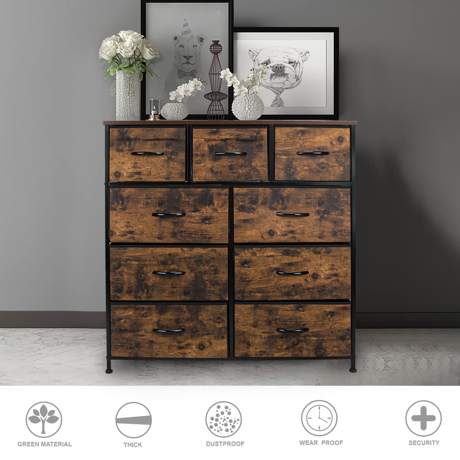 CERBIOR Wide Drawer Dresser Storage Organizer 9-Drawer Closet Shelves, Sturdy Steel Frame Marbling Wood Top with Easy Pull Fabric Bins for Clothing, Blankets (9-Rustic Brown Drawers)