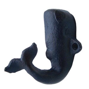 Dark Blue Whale Cast Iron Wall Hooks, Wall Mounted for Hanging Coats, Purses, Towels, Hats, Beach Themed Wall Décor, Set of 2, 4 Inches High