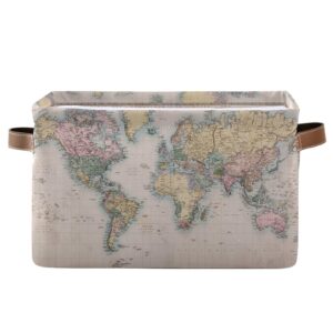 vintage world map storage basket collapsible laundry organizer with leather handles retro map print rectangular storage box bin 1 pc for bathroom clothes kids toys nursery