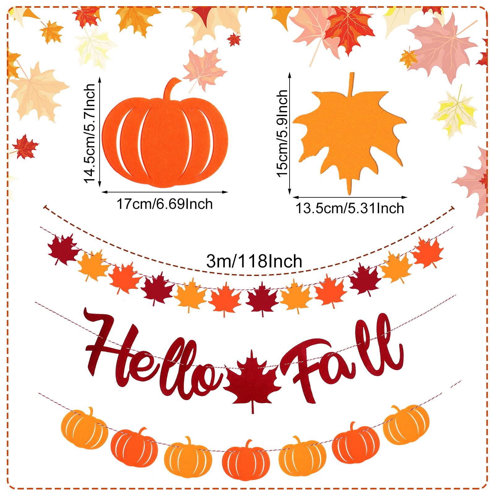 3 Pcs Hello Fall Banners Thanksgiving Fall Decoration Autumn Pumpkins Maple Leaves Garlands Mantel Bunting Harvest Banners for Fireplace Outdoors Indoors Party Hanging Celebrations Decorations (Fall)