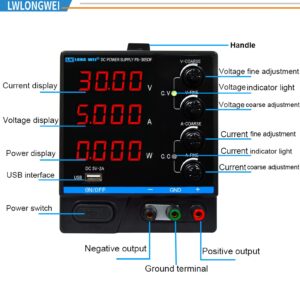 LWLONGWEI DC Power Supply Variable,30V 10A Adjustable Switching Regulated DC Bench Power Supply with 4-Digits LED Power Display, Coarse and Fine Adjustments with Alligator Leads Black