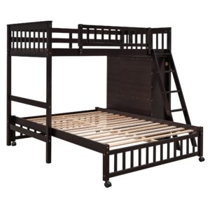 Harper & Bright Designs Twin Over Full Bunk Bed with 6 Storage Drawers and 3 Shelves, Wood Twin Loft Bed with Movable Lower Bed, No Box Spring Needed(Espresso, Bottom Bed with Wheels)