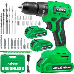 anirona 20v brushless cordless power drill, 25+3 hammer drill driver with 2x2.0ah batteries and charger,450 in-lbs torque, 3/8” metal keyless chuck, 2-variable speeds,25 bit set with case for concrete