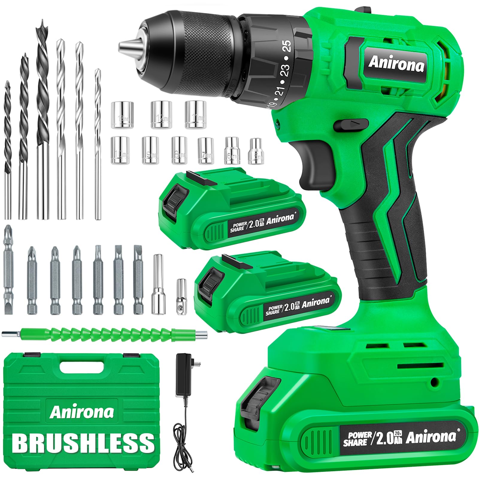 ANIRONA 20V Brushless Cordless Power Drill, 25+3 Hammer Drill Driver with 2x2.0Ah Batteries and Charger,450 In-lbs Torque, 3/8” Metal Keyless Chuck, 2-Variable Speeds,25 Bit Set with Case for Concrete