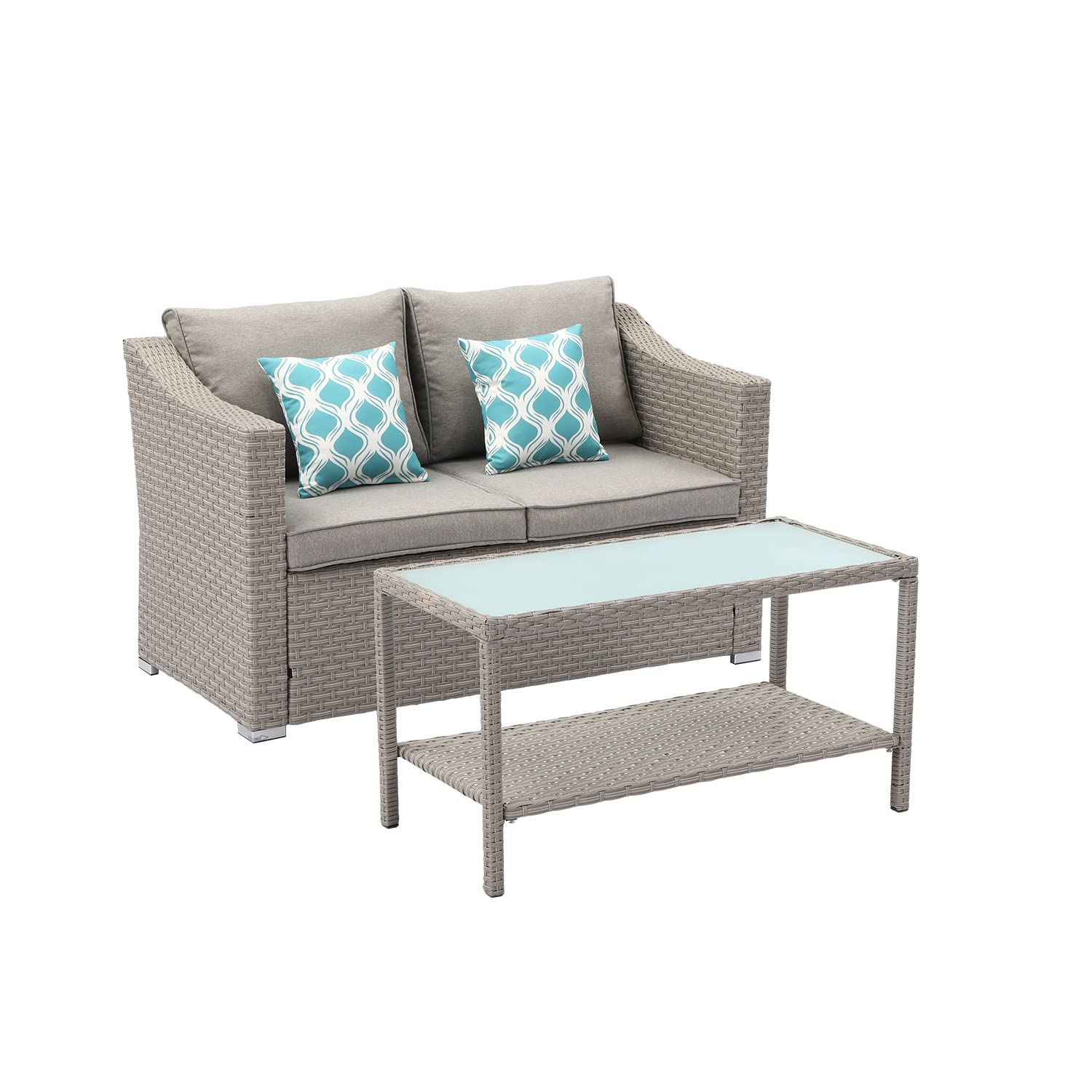 COSIEST 2-Piece Patio Furniture Set, All-Weather Outdoor Wicker Loveseat Conversation Set w Warm Gray Cushions, Glass Coffee Table, 2 Teal Pattern Pillows for Deck, Backyard, Pool