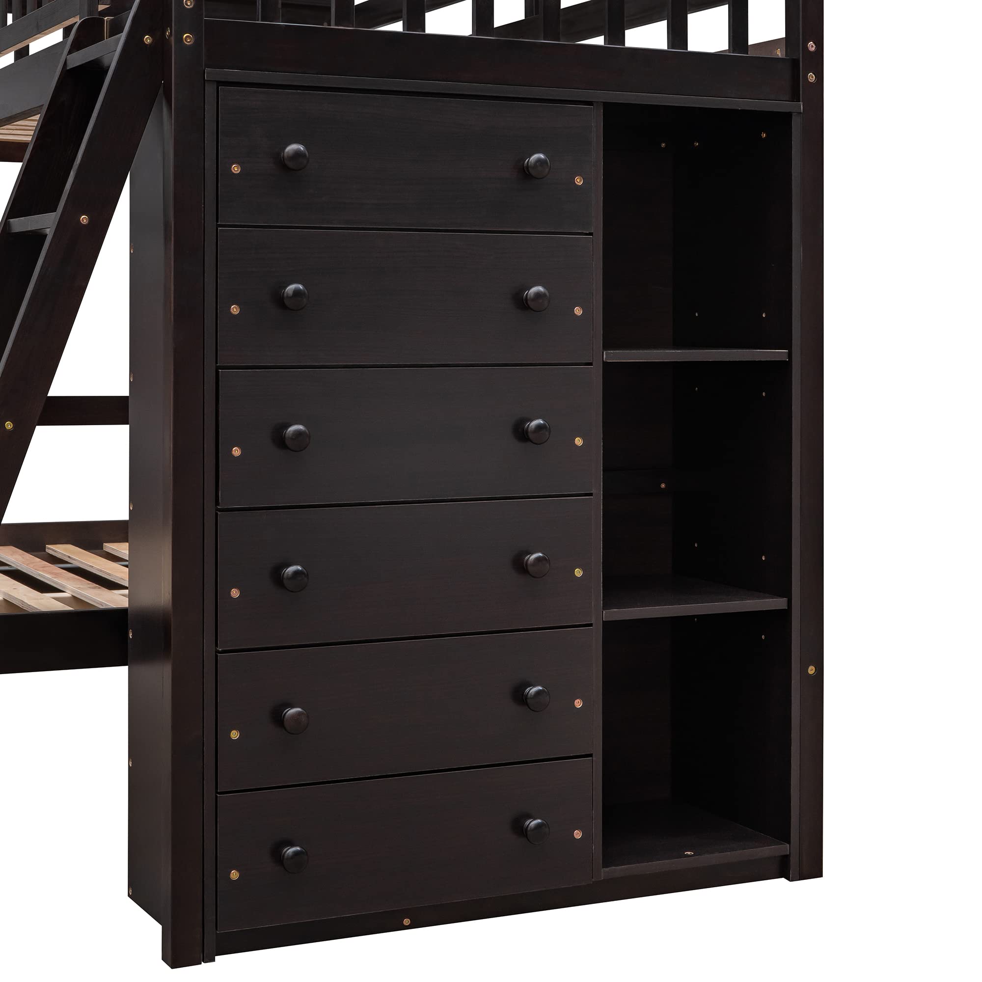 Harper & Bright Designs Twin Over Full Bunk Bed with 6 Storage Drawers and 3 Shelves, Wood Twin Loft Bed with Movable Lower Bed, No Box Spring Needed(Espresso, Bottom Bed with Wheels)