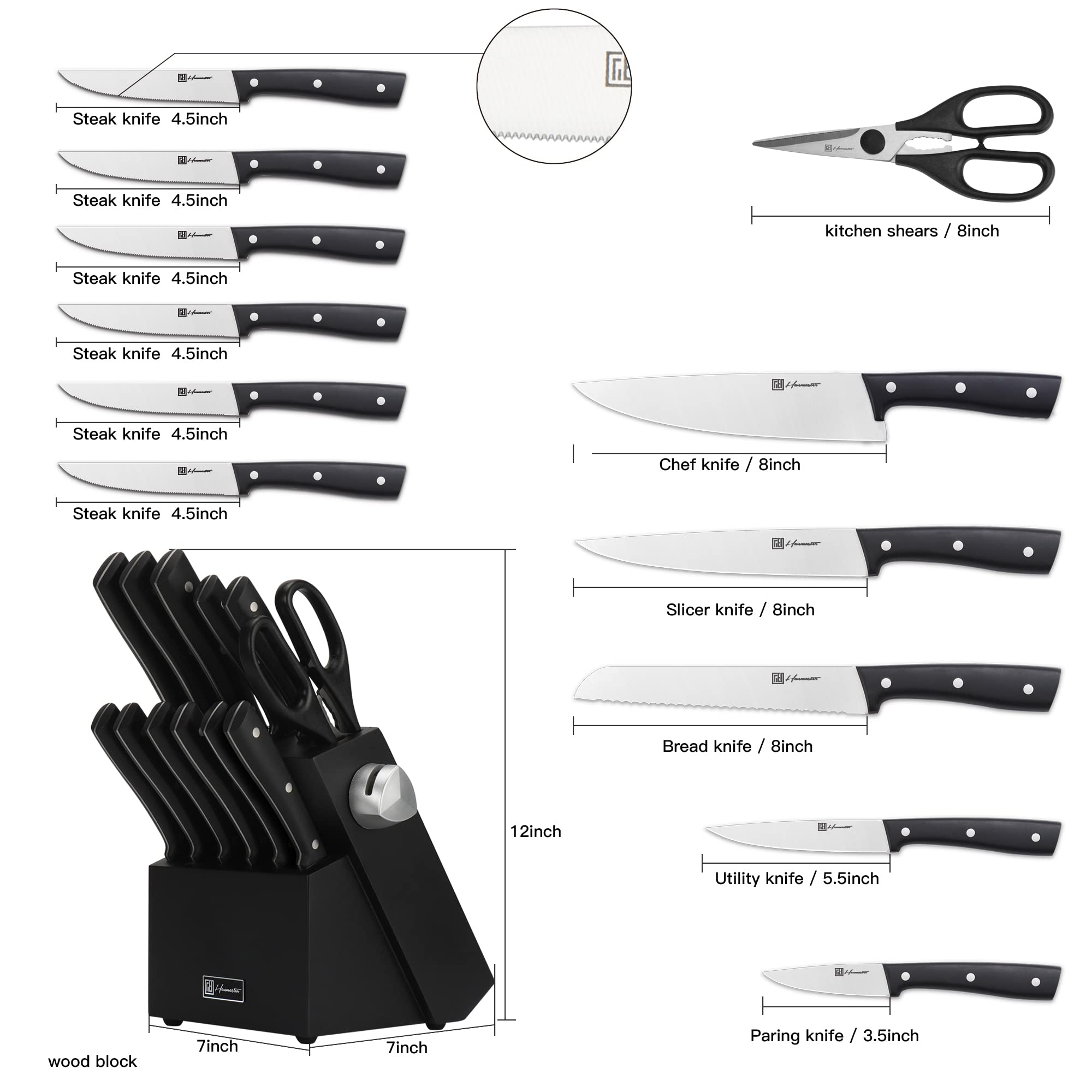 Hanmaster Knife Set, 13 Pieces Stainless Steel Knife Sets for Kitchen with Block, Kitchen Scissors, Sharp Kitchen Knife for Home and Restaurants, Box Packed，Elegant Black.