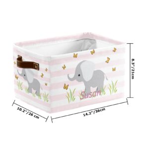 Personalized Elephant Butterfly Grass Canvas Storage Bins with Name Organizer Bin Storage Basket with Handles for Gift Baskets Book Bag (1 Pack)