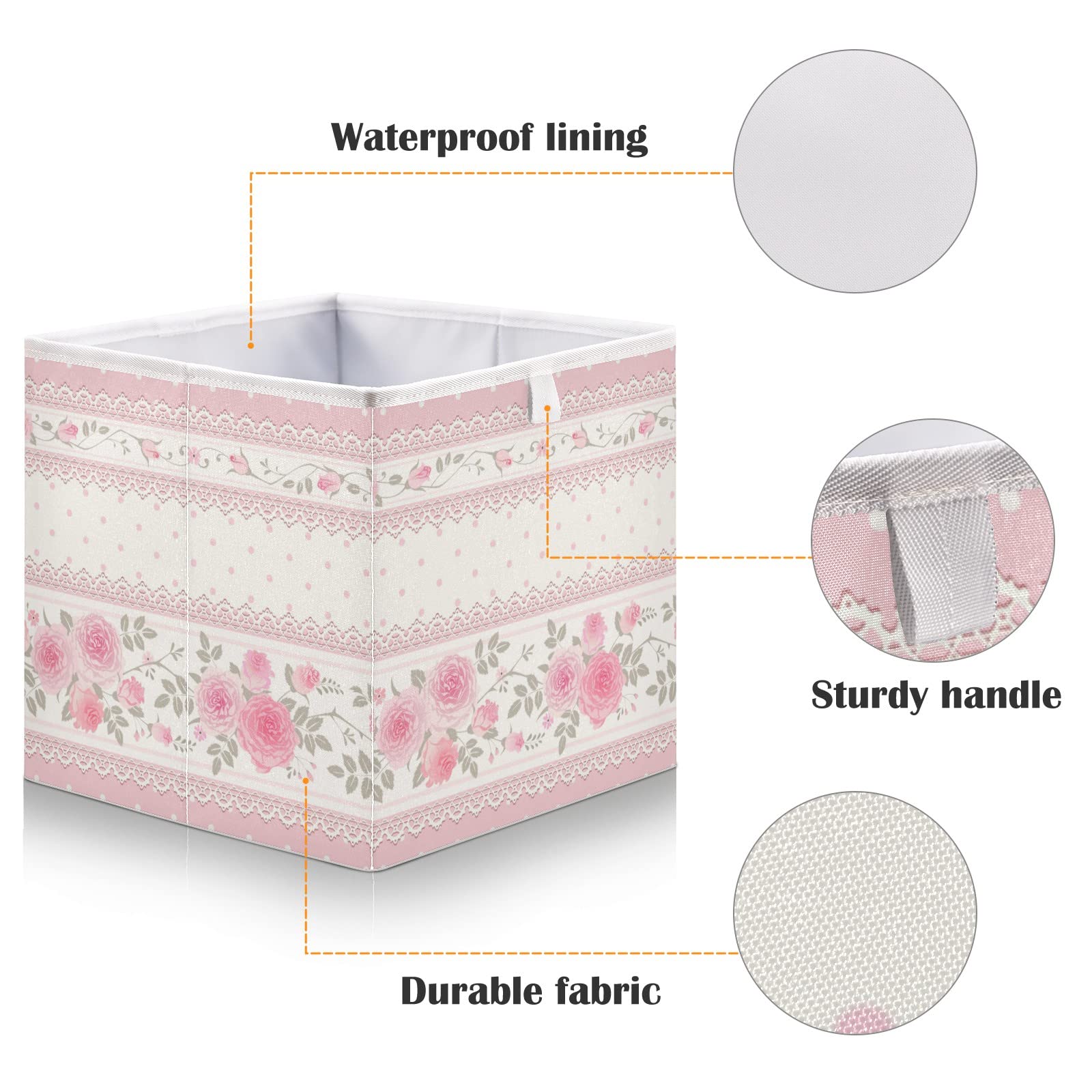 linqin Floral Pattern with Pink Roses Collapsible Open Storage Bins, Foldable Toy Nursery Storage Basket Bin Cloth Cube Rectangular Organizer with Handles for Shelves Closet Home Decor