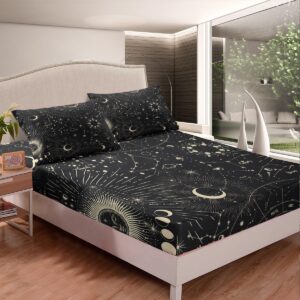 Feelyou Sun and Moon Fitted Sheet Boho Exotic Bedding Set Galaxy Astrology Bed Sheet Set for Boys Girls Kids Teens Bedroom Decor Chic Cute Luxury Zodiac Signs Bed Cover Bedding Sheet Twin Size 3Pcs