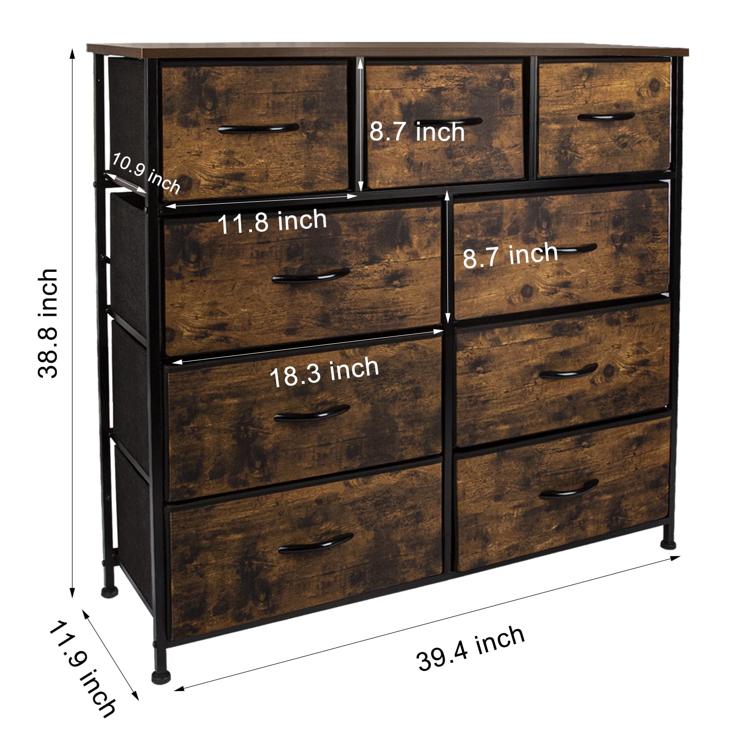 CERBIOR Wide Drawer Dresser Storage Organizer 9-Drawer Closet Shelves, Sturdy Steel Frame Marbling Wood Top with Easy Pull Fabric Bins for Clothing, Blankets (9-Rustic Brown Drawers)