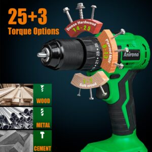 ANIRONA 20V Brushless Cordless Power Drill, 25+3 Hammer Drill Driver with 2x2.0Ah Batteries and Charger,450 In-lbs Torque, 3/8” Metal Keyless Chuck, 2-Variable Speeds,25 Bit Set with Case for Concrete