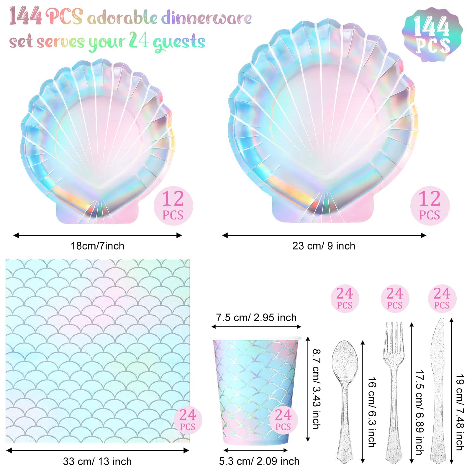 144 Pcs Mermaid Party Supplies Tableware Mermaids Themed Decorations Under the Sea Party Dinnerware Set Includes Plates Napkins Cups Spoons Fork Knives for Baby Shower Birthday Party(Classic Style)