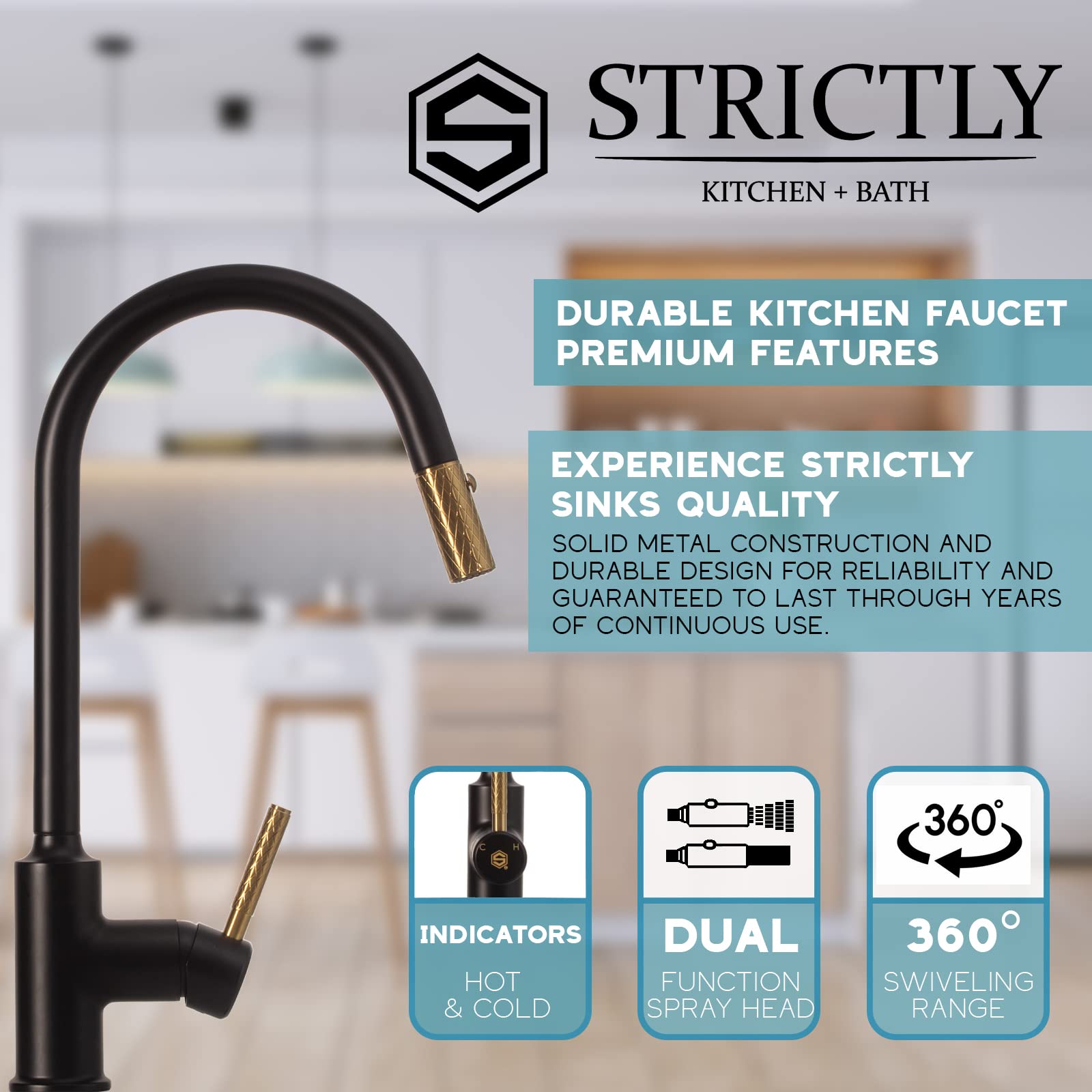 Strictly Sinks Pull Down Kitchen Faucet – Kitchen Faucet with Pull Out Sprayer & 360° Swivel Spout, Faucet for Kitchen Sink with Spray & Stream Modes (Black & Gold Finish)