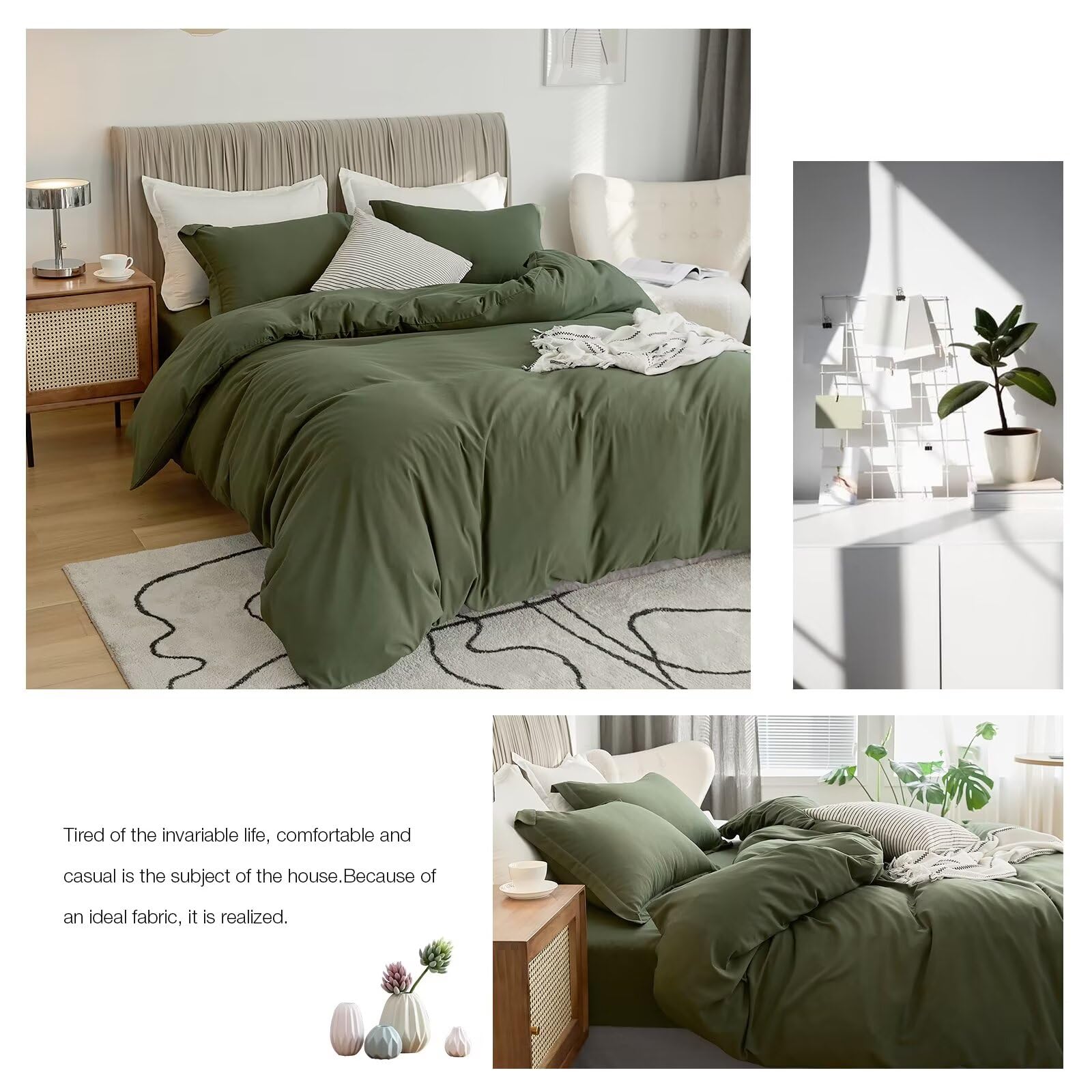 VClife Modern Army Green Duvet Cover Twin Size Comforter Cover Sets Soft Breathable Washed Microfiber Bedding Duvet Cover Sets 3 Pieces Simple Solid Bedding Duvet Cover with Zipper Closure 68" x 86"