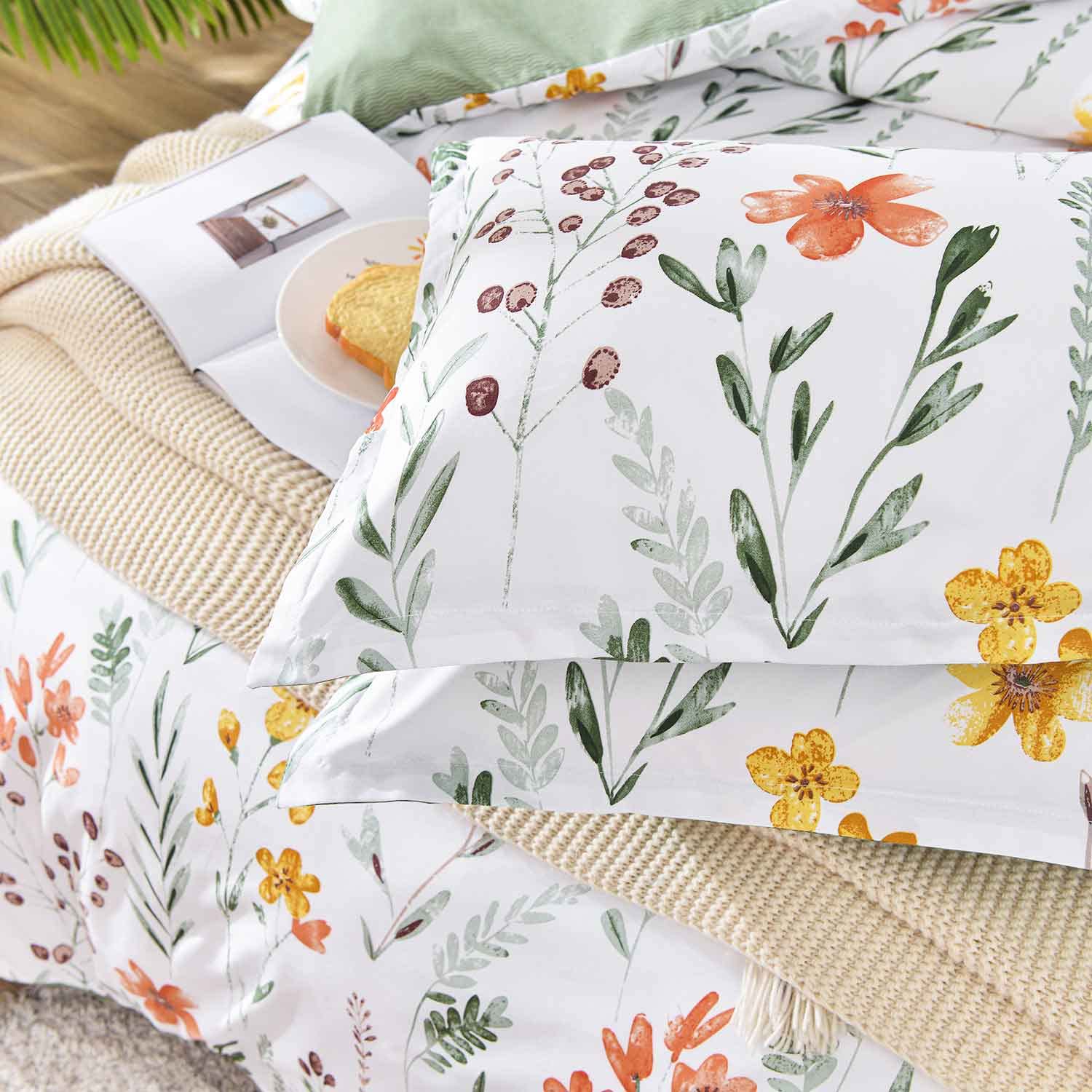 Floral Duvet Cover King Size - White Yellow Flowers and Green Leaf Spring Botanical Printed Microfiber Comforter Cover Set - 3PC 104X90 Soft and Lightweight Quilt Cover, Farmhouse Style for Women Men