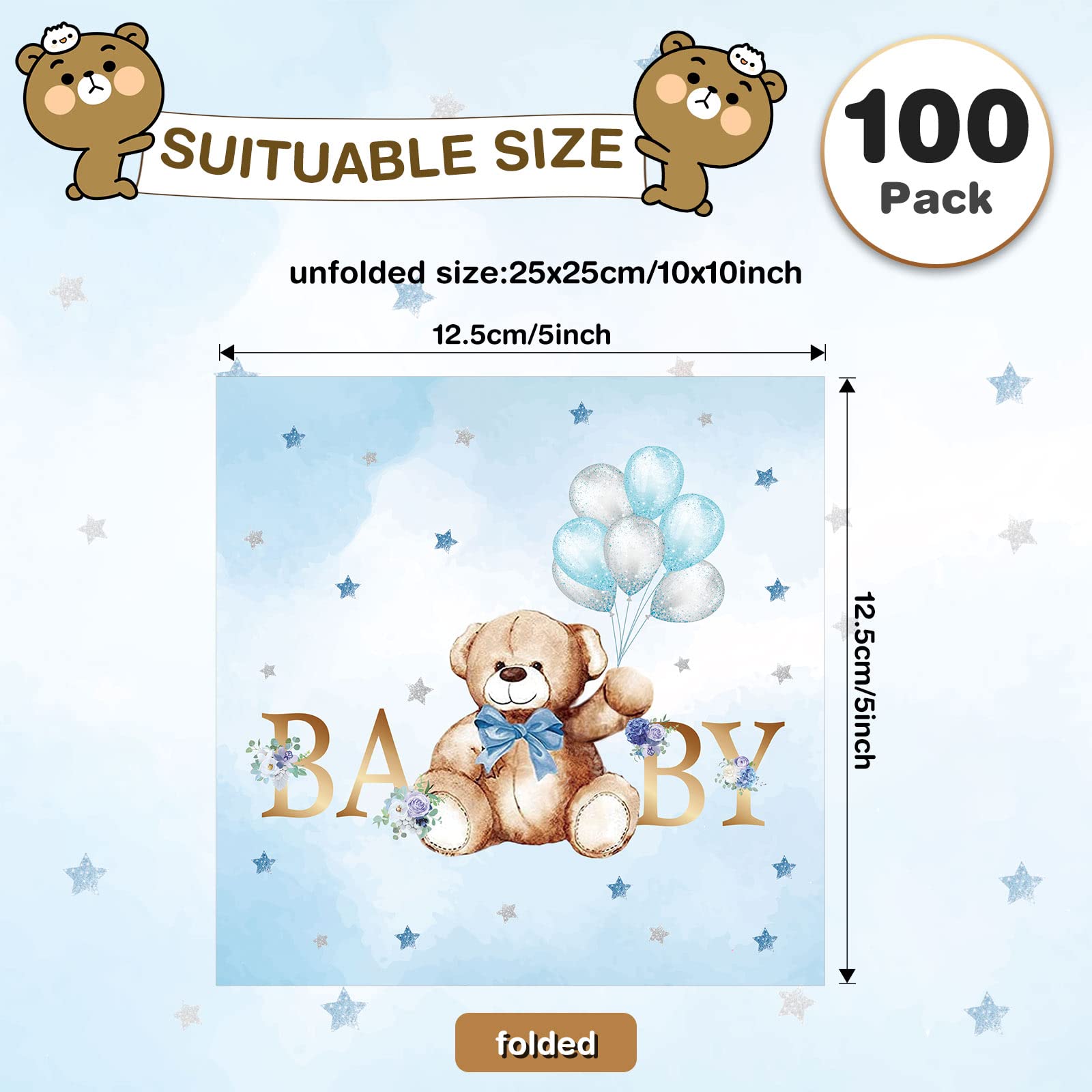 100 Pack Bear Baby Shower Napkins Square Bear 3 Ply Paper Napkins Blue Disposable Balloon Star Bear Cocktail Napkins for Baby Shower Gender Reveal Birthday Party Decorations, 5 x 5 Inch