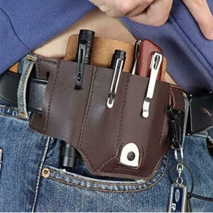 Leather Multi Tool Sheath Pocket Organizer,Multi-Function Tool Sheath for Belt, with Pen Holder, Key Chain, Flashlight Sheath.Everyday Carry (Brown)