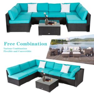 Kinfant Outdoor Patio Furniture Sofa - Sectional Patio Couch Rattan Wicker Sofa Set with Glass Tabel and Corner Seat for Poolside Garden Backyard (7 pcs, Turquoise)