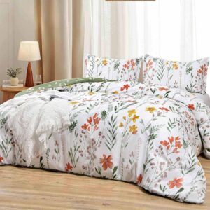 Floral Duvet Cover King Size - White Yellow Flowers and Green Leaf Spring Botanical Printed Microfiber Comforter Cover Set - 3PC 104X90 Soft and Lightweight Quilt Cover, Farmhouse Style for Women Men