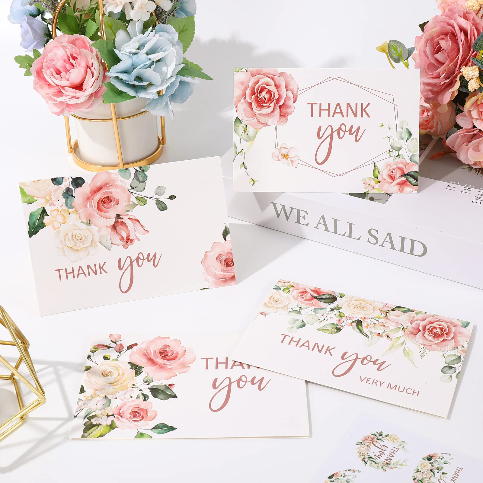 AnyDesign 32 Pack Thank You Cards with Envelopes Stickers Blush Floral Blank Note Cards Bulk 4 Design Flower Thank You Greeting Cards for Wedding Baby Shower Bridal Shower and All Occasions, 4 x 6