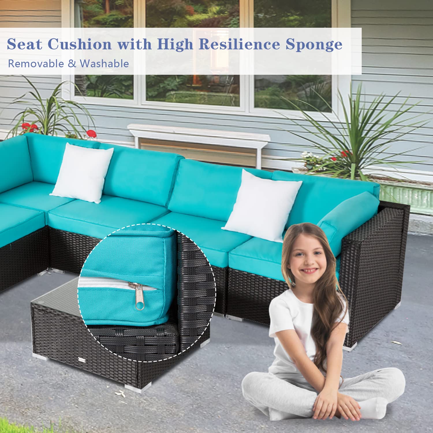 Kinfant Outdoor Patio Furniture Sofa - Sectional Patio Couch Rattan Wicker Sofa Set with Glass Tabel and Corner Seat for Poolside Garden Backyard (7 pcs, Turquoise)