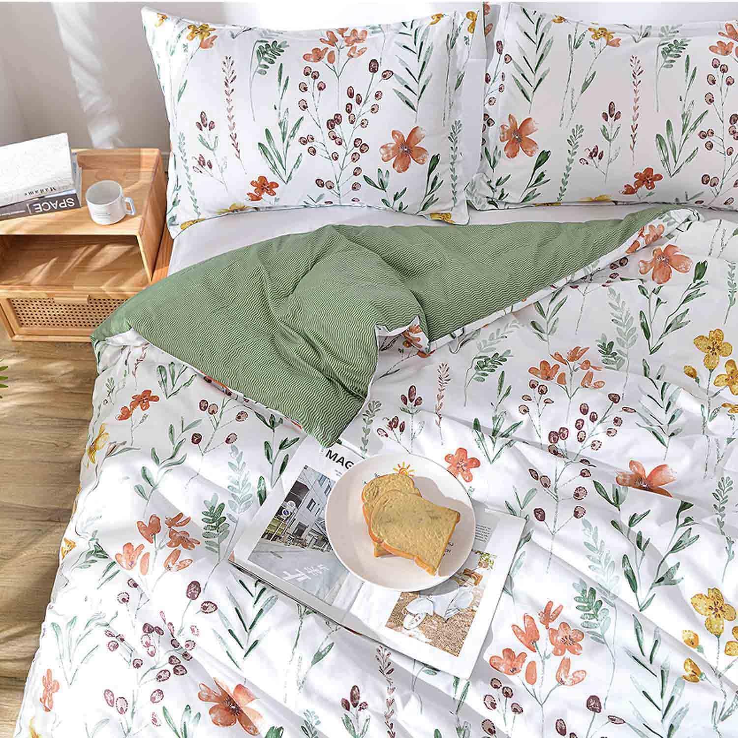 Floral Duvet Cover King Size - White Yellow Flowers and Green Leaf Spring Botanical Printed Microfiber Comforter Cover Set - 3PC 104X90 Soft and Lightweight Quilt Cover, Farmhouse Style for Women Men