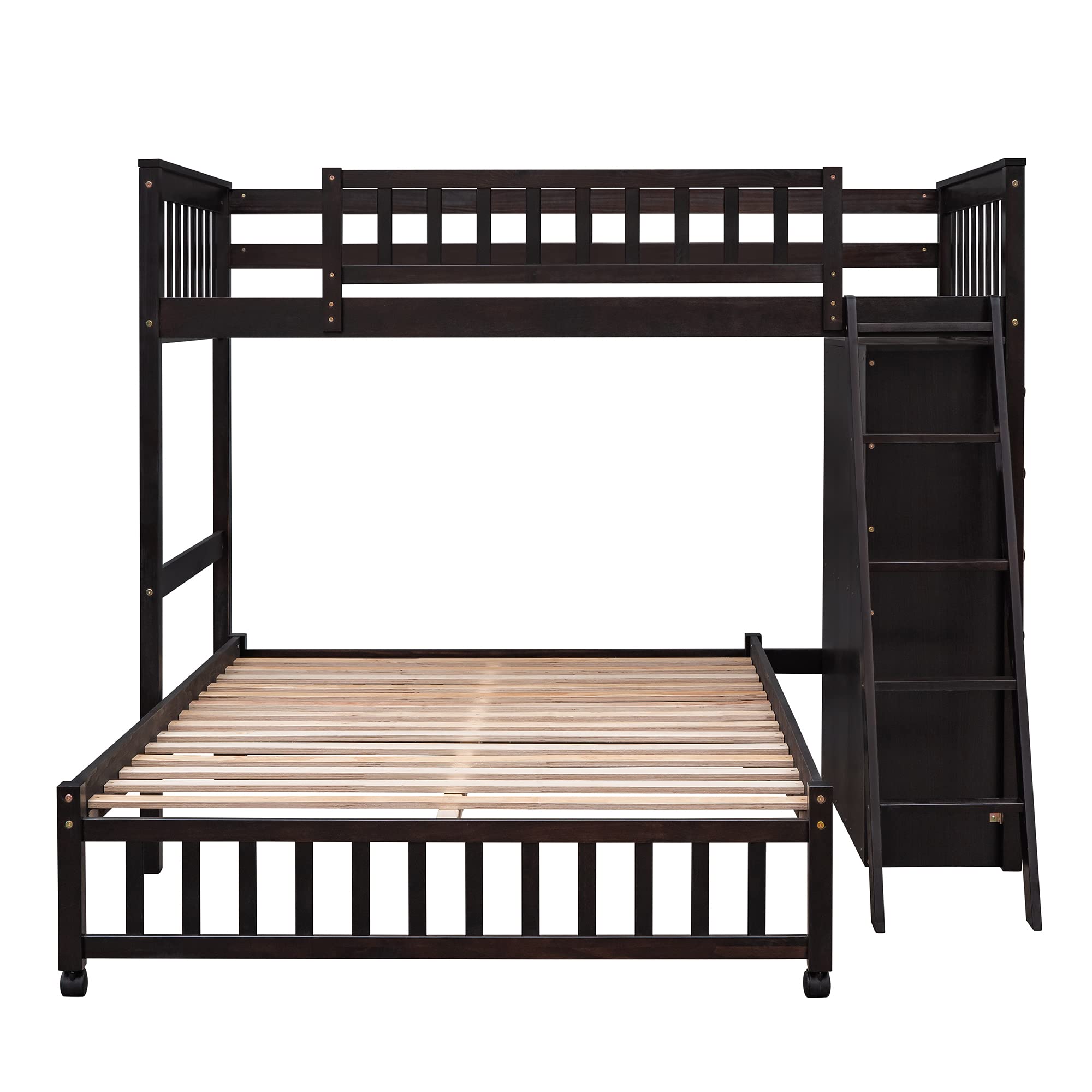 Harper & Bright Designs Twin Over Full Bunk Bed with 6 Storage Drawers and 3 Shelves, Wood Twin Loft Bed with Movable Lower Bed, No Box Spring Needed(Espresso, Bottom Bed with Wheels)