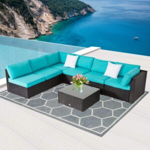 kinfant outdoor patio furniture sofa - sectional patio couch rattan wicker sofa set with glass tabel and corner seat for poolside garden backyard (7 pcs, turquoise)