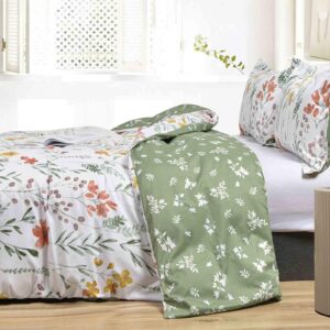 Floral Duvet Cover King Size - White Yellow Flowers and Green Leaf Spring Botanical Printed Microfiber Comforter Cover Set - 3PC 104X90 Soft and Lightweight Quilt Cover, Farmhouse Style for Women Men