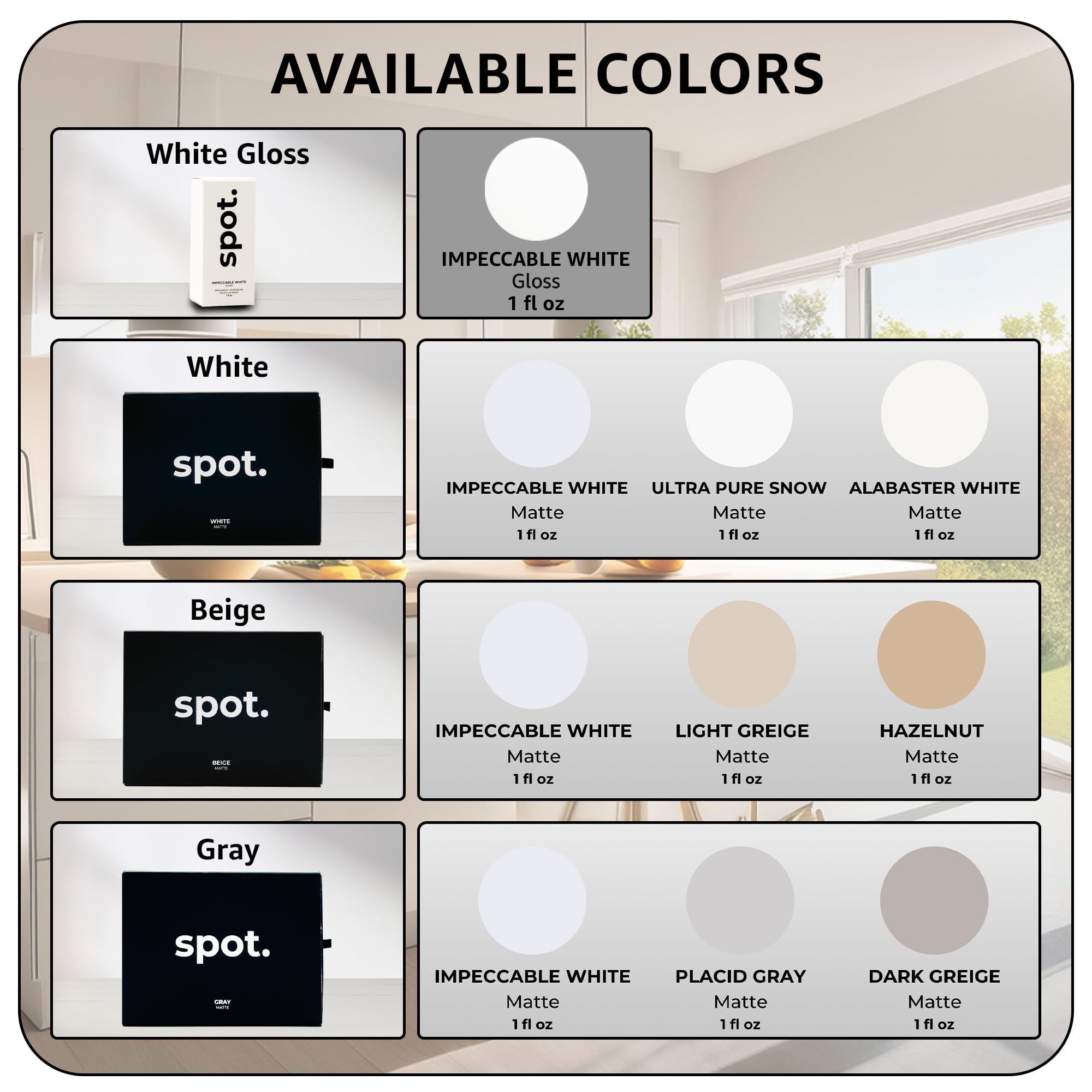 spot. Touch Up-Paint, Matte Finish, for Cabinets, Walls, Windows, Doors, and Furniture, 3 Color Kit Matches 90% of Surfaces, White 3 Pack