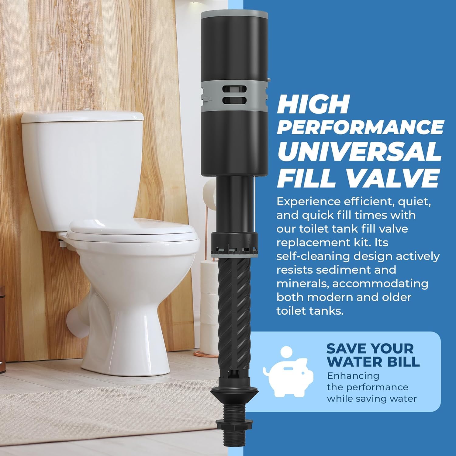 High Performance Universal Toilet Fill Valve Replacement Kit - Quiet and Fast Fill, Super Easy to Install (1-Pack)