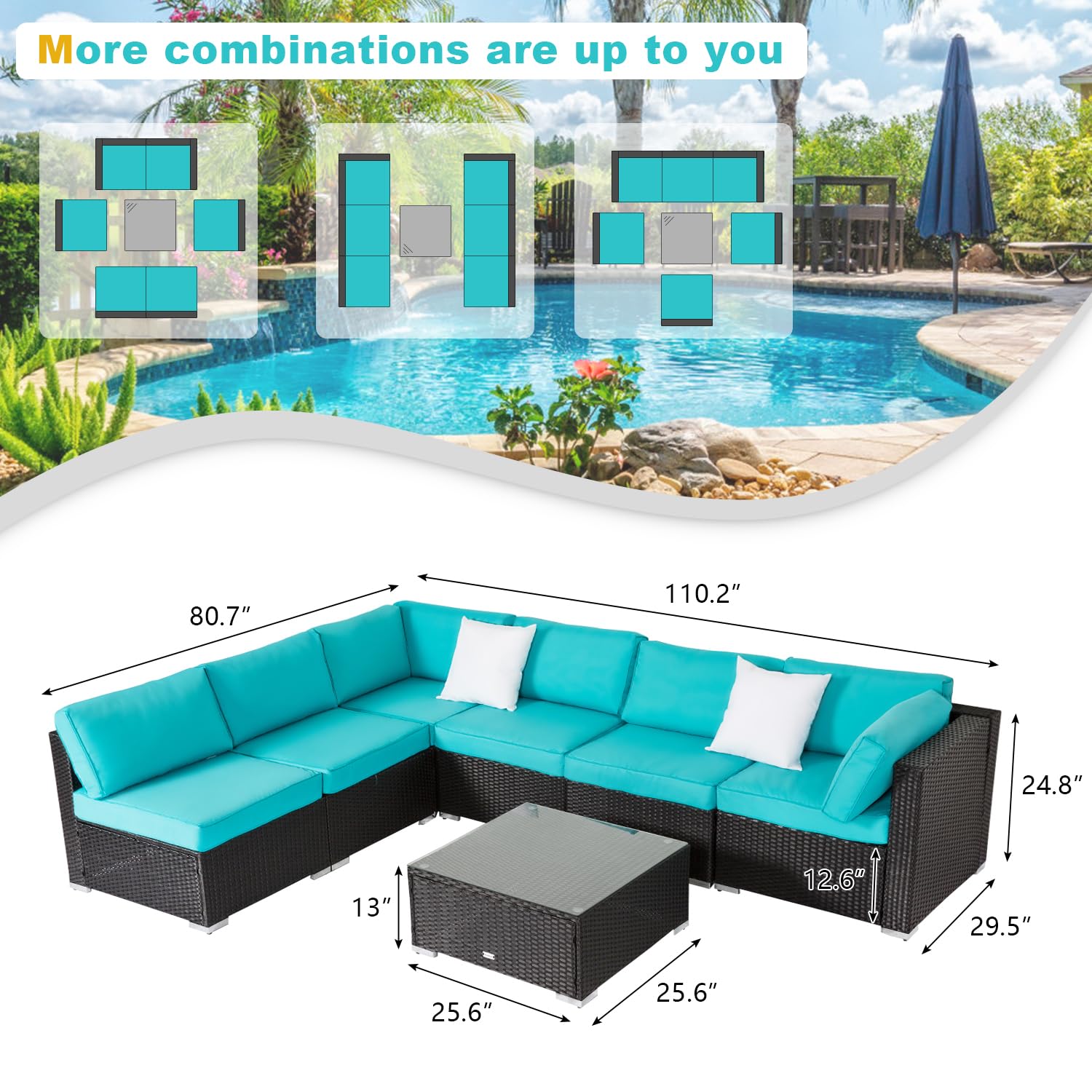 Kinfant Outdoor Patio Furniture Sofa - Sectional Patio Couch Rattan Wicker Sofa Set with Glass Tabel and Corner Seat for Poolside Garden Backyard (7 pcs, Turquoise)