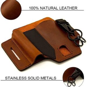 Leather Multi Tool Sheath Pocket Organizer,Multi-Function Tool Sheath for Belt, with Pen Holder, Key Chain, Flashlight Sheath.Everyday Carry (Brown)