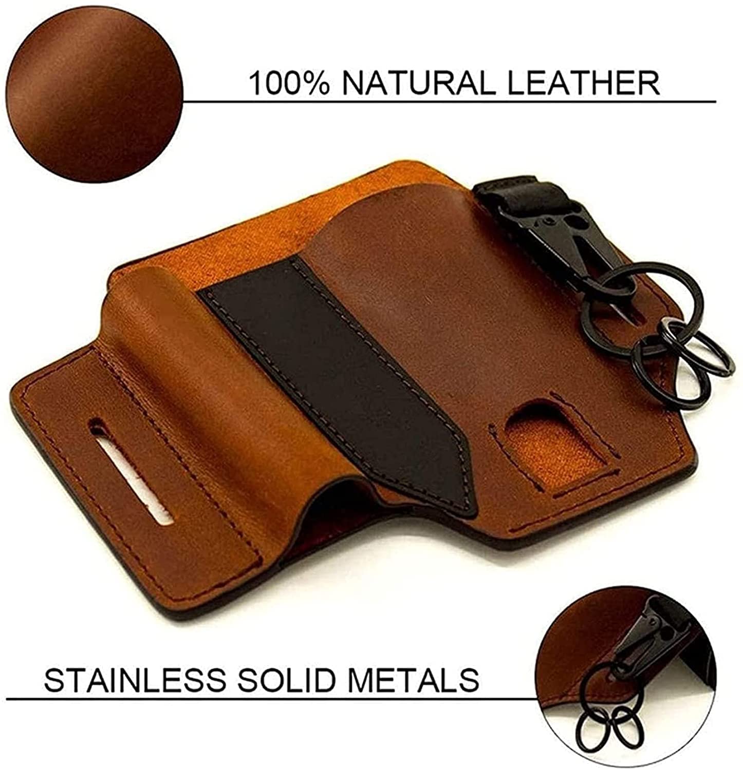 Leather Multi Tool Sheath Pocket Organizer,Multi-Function Tool Sheath for Belt, with Pen Holder, Key Chain, Flashlight Sheath.Everyday Carry (Brown)