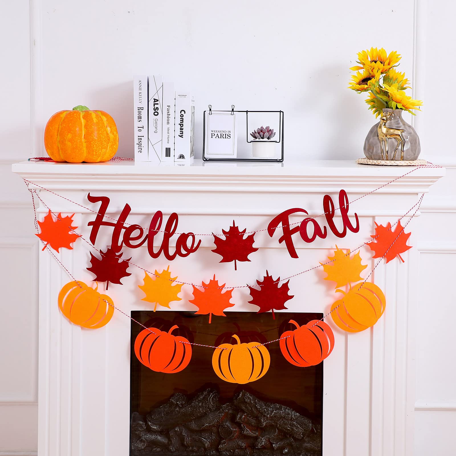 3 Pcs Hello Fall Banners Thanksgiving Fall Decoration Autumn Pumpkins Maple Leaves Garlands Mantel Bunting Harvest Banners for Fireplace Outdoors Indoors Party Hanging Celebrations Decorations (Fall)