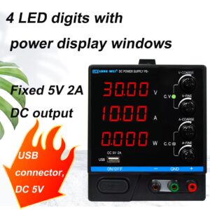 LWLONGWEI DC Power Supply Variable,30V 10A Adjustable Switching Regulated DC Bench Power Supply with 4-Digits LED Power Display, Coarse and Fine Adjustments with Alligator Leads Black