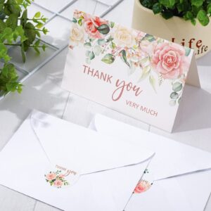 AnyDesign 32 Pack Thank You Cards with Envelopes Stickers Blush Floral Blank Note Cards Bulk 4 Design Flower Thank You Greeting Cards for Wedding Baby Shower Bridal Shower and All Occasions, 4 x 6